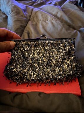 Lancome Black Sequin Beaded Evening Clutch